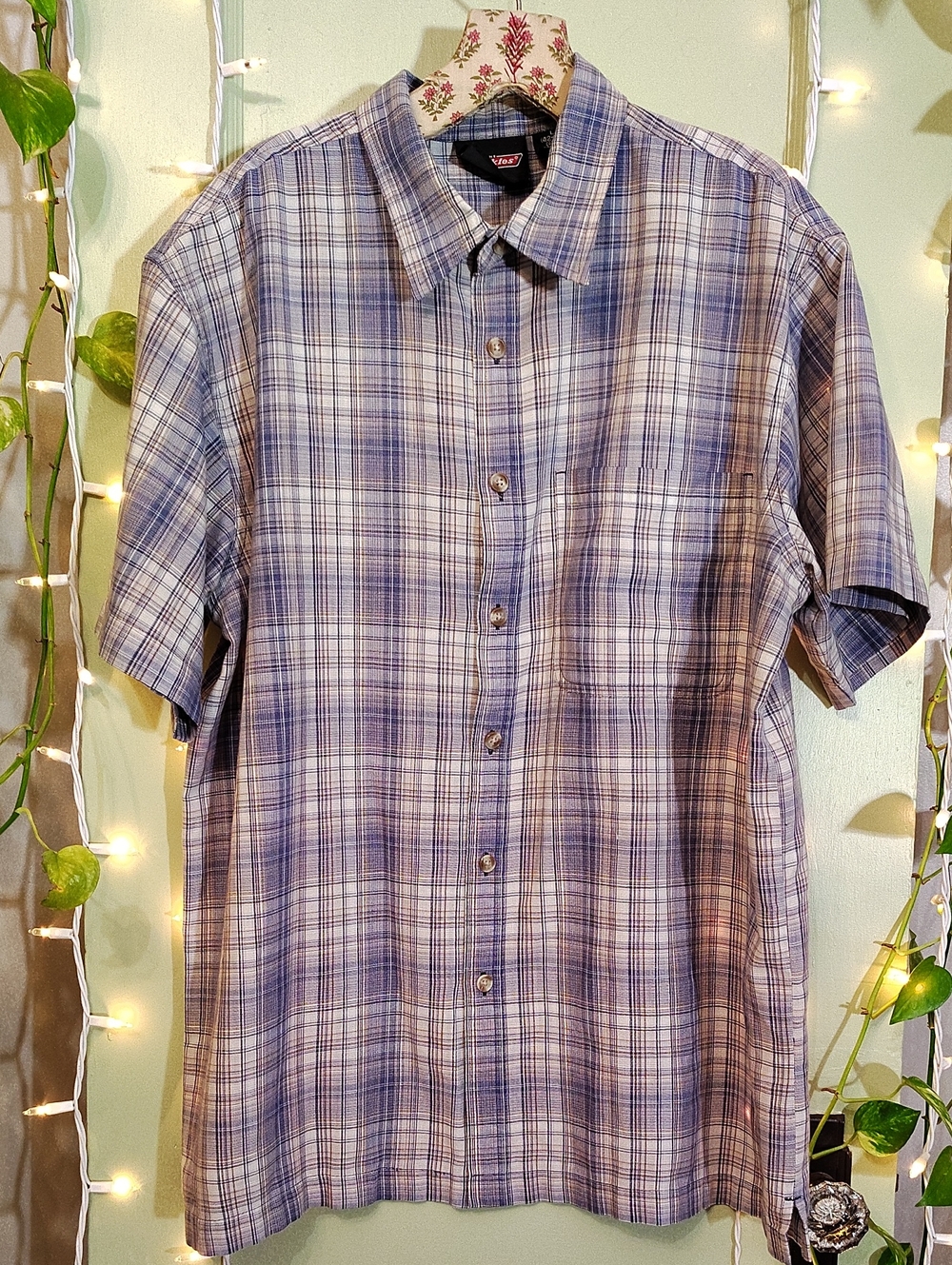 Men's Dickies Short Sleeve Lightweight Blue White Plaid Button Up L